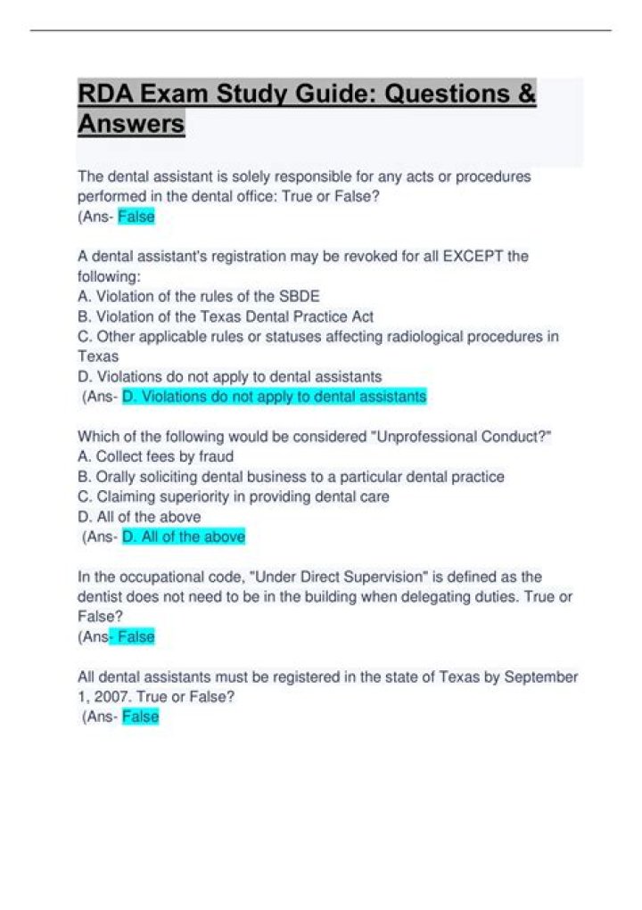 How many questions are on the RDA exam in Texas?